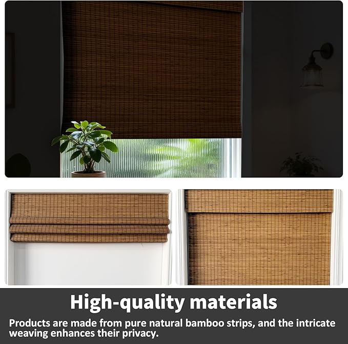 Cordless Bamboo Roman Shades 24x64in, Light Filtering Bamboo Blinds for Indoor Windows, Office, Bathroom and Living Room, Privacy Teak.