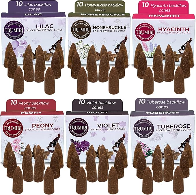 Blossom - Backflow Incense Cones for Waterfall - Scented Inscents-Cones - Peony, Lilac, Hyacinth, Tuberose, Honeysuckle, Violet - Insiensos Aromaticos - 6x10=60 Large Variety Pack