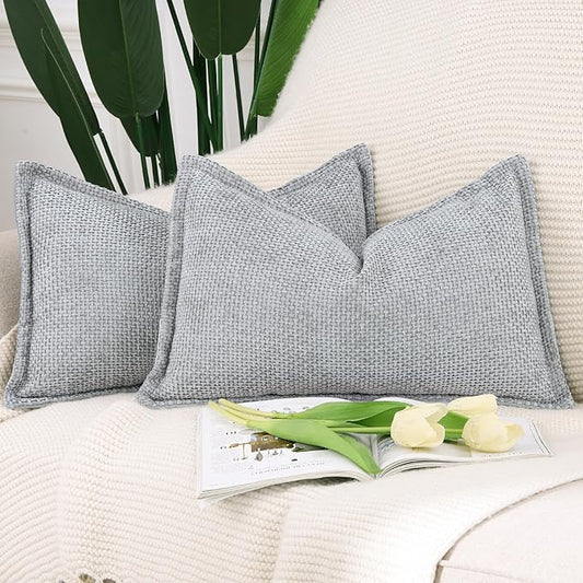 MADIZZ Decorative Chenille Velvet Throw Pillow Covers Set of 2 Soft Boho Textured Neutral Couch Throw Pillow for Bed Modern Farmhouse Home Decor for Sofa Livingroom Grey 12x20 Inch