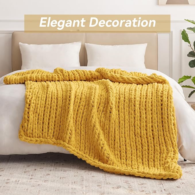 Chunky Knit Throw Blanket, 30''*40'' Knitted Throw Chenille Yarn for Bed Couch, Handmade Yellow Crochet Big Thick Blanket, Machine Washable Cute Comfy Blanket for Home Decor