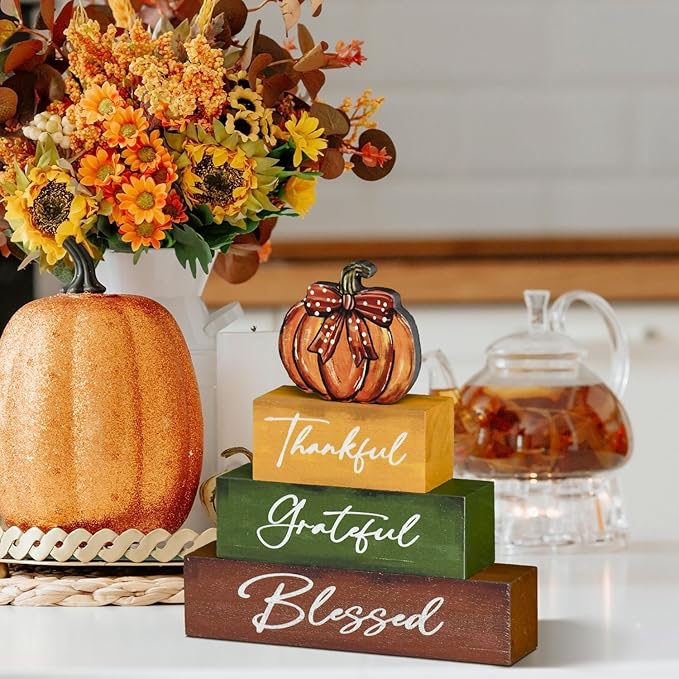 Smile Thanksgiving Fall Decor Indoor Wooden Block Signs, Pumpkin Decor Thankful Grateful Blessed for Rustic Farmhouse Home,Thanksgiving Table Tiered Tray Kitchen Harvest Decorations