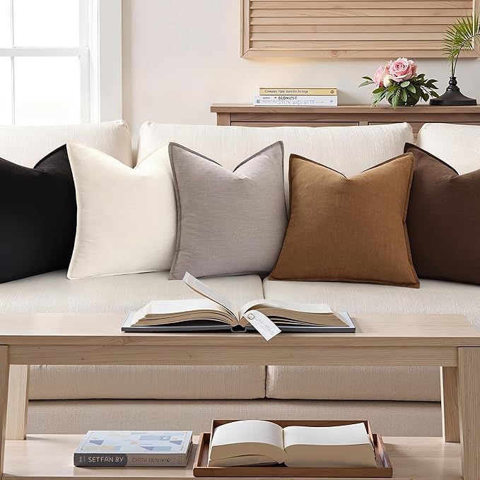 decorUhome Summer Decorative Linen Euro Sham Throw Pillow Covers 22x22 Inch Set of 2 Black Pillow Covers with Flange Edges Soft Farmhouse Boho Accent Pillow Cases for Couch Bed Living Room