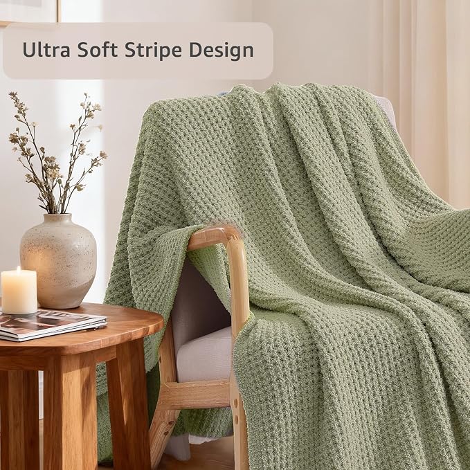 WRENSONGE Soft Throw Blanket for Couch-Cozy Reversible Knitted Blankets | Lightweight Warm Fluffy Decor for Women, Mom, Her & Girls, Sofa, Chair, Bed, 50x60in, Pineapple Stitch,Sage Green