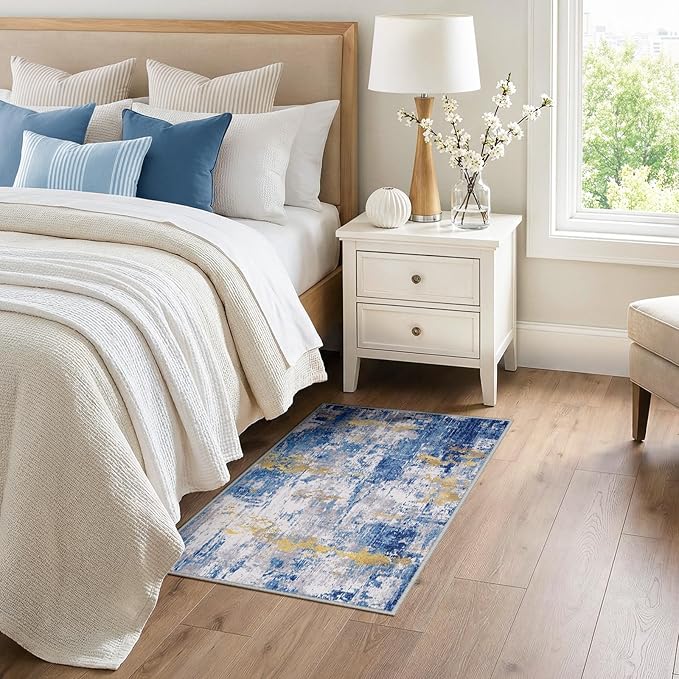 RELEANY Washable Area Rugs 3x4 Non-Slip Modern Abstract Soft for Living Room Entryway Bedroom Nursery, Print Pattern, Grey Blue Gold/Golden