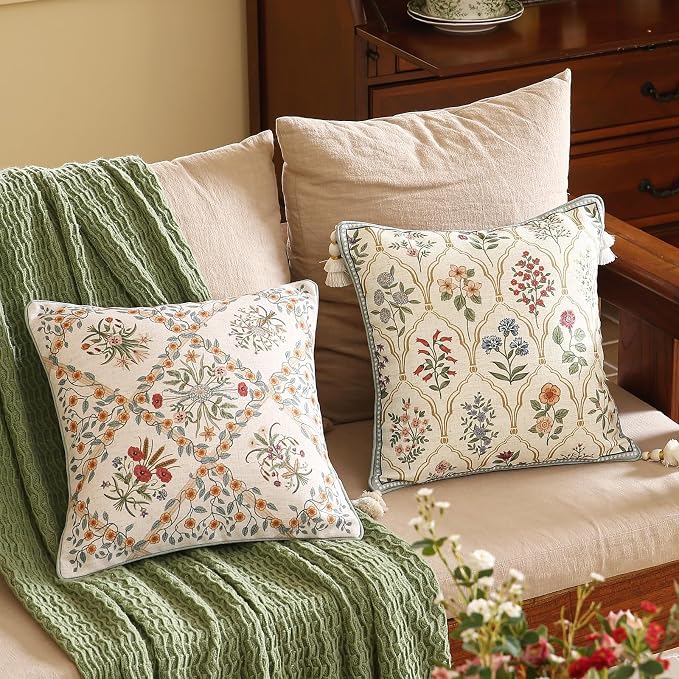 ISAENNE Vintage Linen Throw Pillow Cover,Set of 2,18"x18"-Serenity A | Designer Elegant Square Pillow Cover,Concealed Zipper Design,Floral Pattern,Sofa,Bedroom,Living Room,Lounge Chairs
