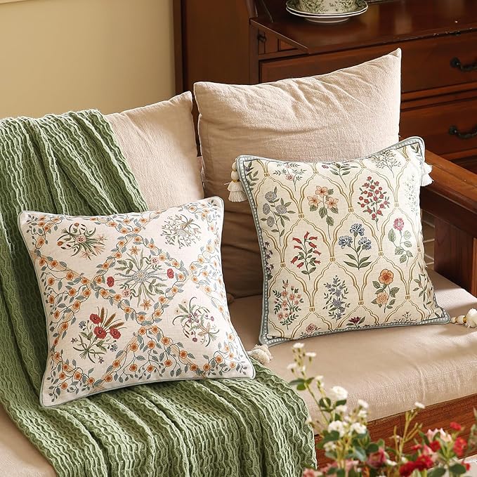 ISAENNE Vintage Elegant Linen Throw Pillow Cover,18"x18"-Serenity A | Designer French Square Pillow Cover,Concealed Zipper Design,Floral Pattern,Sofa,Bedroom,Living Room,Lounge Chairs