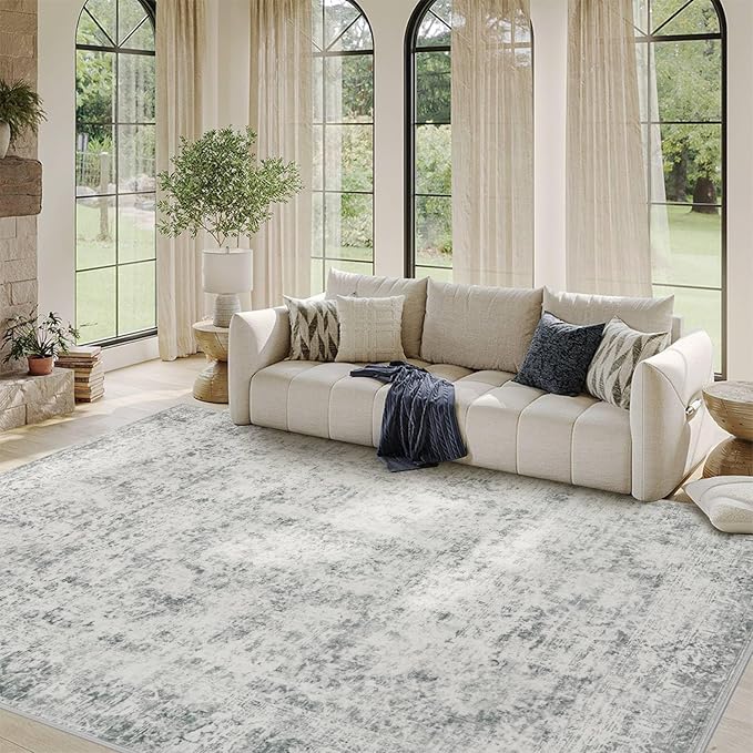 Rugxara 5x7 Area Rugs for Living Room Bedroom, Grey Washable Rug, Vintage Abstract Boho Rug, Non Slip & Low Pile Faux Wool Carpet for Indoor Dining Room and Farmhouse(Grey 5x7ft)