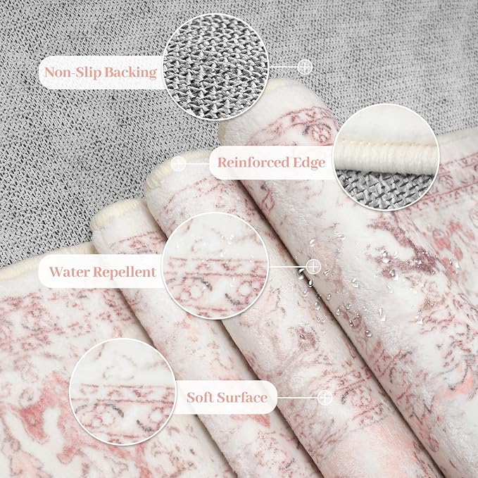 LIVEBOX Area Rug Pink 4x6 - Oriental Floral Bedroom Rug Vintage Low-Pile Indoor Rugs for Kids Room, Non-Shedding Retro Carpet, Accent Rugs for Kitchen Entryway Office Camper Pink