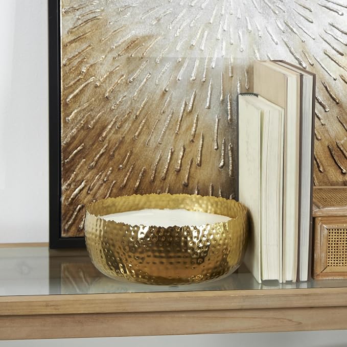 Deco 79 Metal Decorative Candle English Garden Scented Wide Hammered 90 oz 4 Wick Aromatherapy Candle with White Wax, Wax Aromatherapy Candle 10" x 10" x 4", Gold