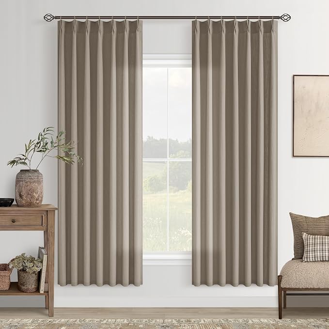 Burlap Linen Semi Sheer Curtains 72 Inches Long Neutral Country Greyish Brown Flax Linen Light Filtering Pinch Pleated Curtains Back Tab for Door Cabin Closet 2 Panels Set Burlywood Birch Taupe