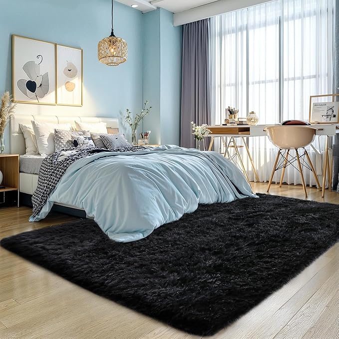 KCHOWUA Thick Area Rug Black Fluffy Shag 5x8 for Bedroom, Ultra Soft Plush Shaggy Fuzzy Carpet, Thickened Washable Non-Slip Cozy Furry Rug for Living Room, Kids, Girls Boys Baby Nursery, and Dorm