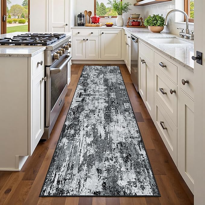 RELEANY Washable Area Rugs 2'x10' Non-Slip Modern Abstract Soft for Living Room Entryway Bedroom Nursery, Print Pattern, Black Navy Blue Gray
