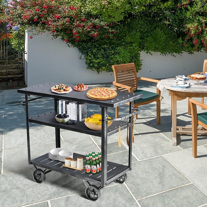 LOKKHAN Rolling Bar Cart with Handle [3 Tier] Home Kitchen Microwave Cart Island On Wheels, Mobile Serving Cart Beverage Cart, Coffee Station (Metal/Wood, Industrial Black)