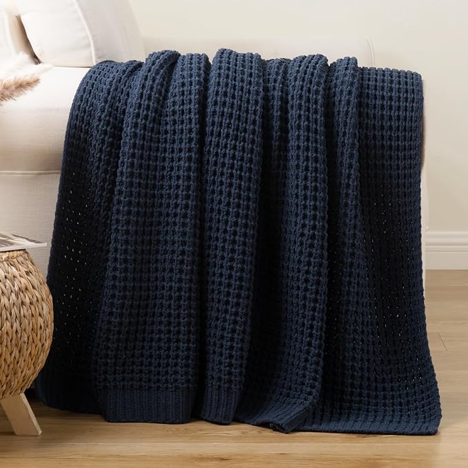 Bunnikins & Clover Navy Blue Throw Blanket for Couch, Knitted Blue Blanket Throw 50''x60'', Super Soft Waffle Navy Throws for Chair Sofa Home Decor