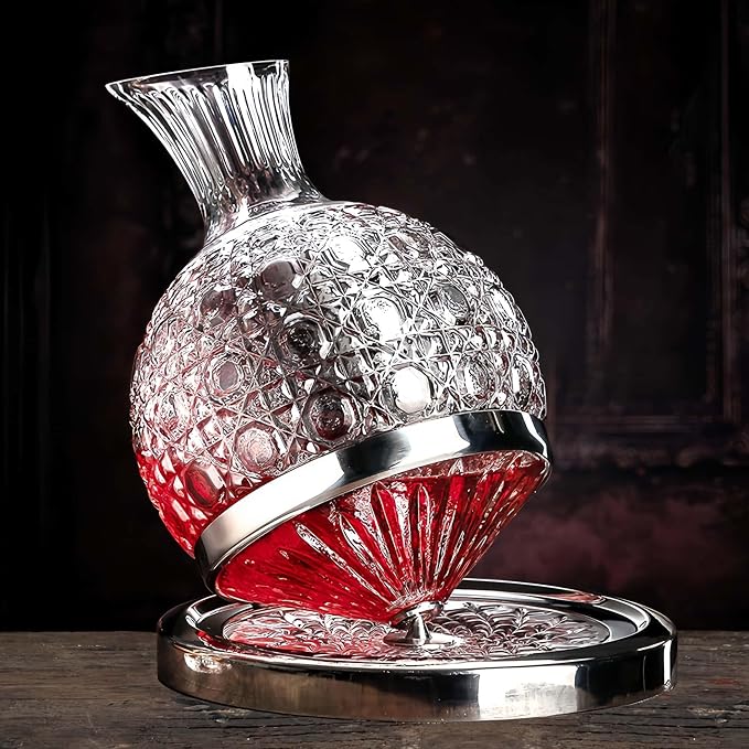 Wine Decanter Set - Spinning Crystal Red Wine Decanter Carafes, Jarler 360° Rotory Hand Blown 1.5L Lead-Free Glass Wine Aerator Quick Wake Up，Wine Gift for Wine Lover, Father day Gift (Silver+Clear)