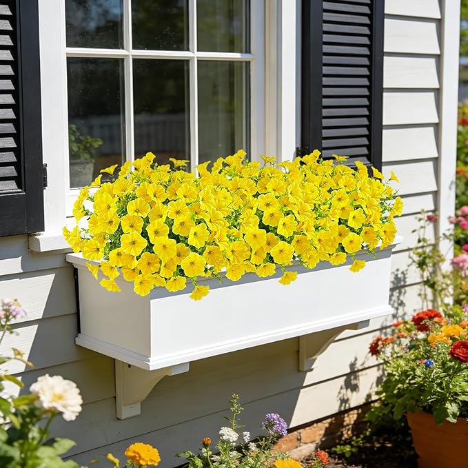Ouddy Decor 24 Bundles Artificial Flowers for Outdoors, Fake Petunias Flowers Silk Morning Glory with Eucalyptus Faux Plants for Indoor Outside Spring Summer Yard Garden Porch Home Decor, Yellow