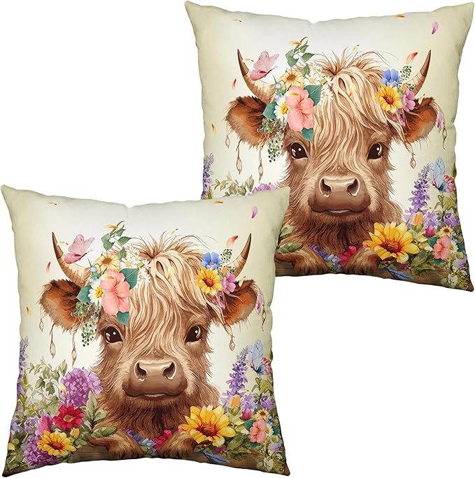 Highland Cow Pillow Covers 16x16 Set of 2 Cattle with Flowers Throw Pillow Covers Spring Outdoor Pillowcase Cotton Linen Farmhouse Cushion Case for Sofa Outdoor Patio