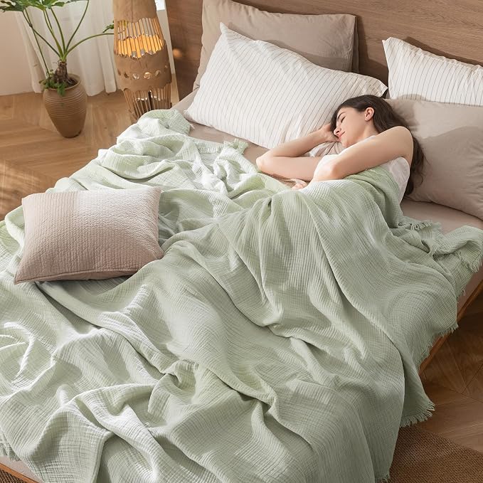 MooMee Muslin Blanket - 100% Cotton 4-Layer Gauze Throw Blanket with All-Around Fringe, Soft Breathable Lightweight Cooling Summer Blankets for Bed Couch(Sage Green,Oversize Queen 98" x 98")