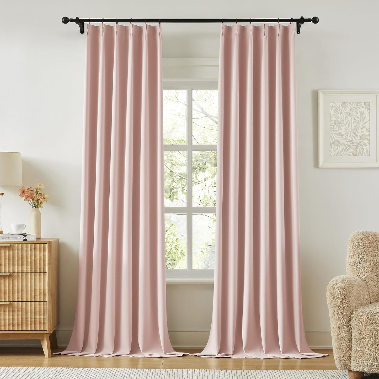 KangBang 60” Wide Soft Pink Blackout Curtains 105 Inches Long, Pinch Pleated Thermal Insulated Sliding Door Curtains & Drapes for Living Room French Door, Decor 2 PCs, 60x105