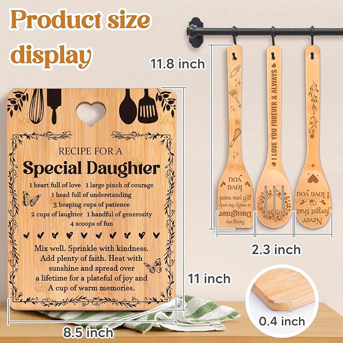 Gifts for Daughter - "Recipe for a Special Daughter" Daughter Birthday Gifts Cutting Board Set, Bamboo-Made Engraved Utensil Set Birthday Gifts for Daughter, Mothers Day Gifts for Daughter