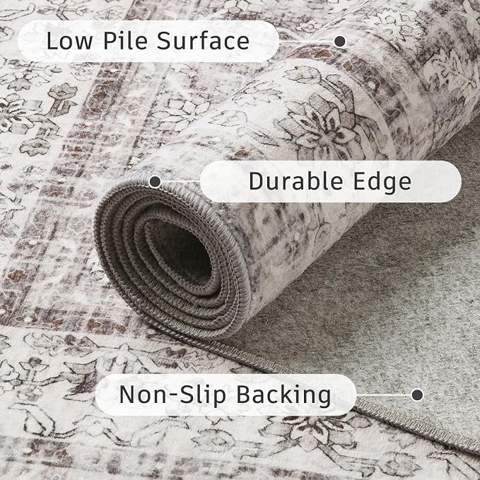DCX Gray 5x7 Rug, Kid & Pet Friendly with Rubber Back Non Slip, Machine Washable Stain Resistant Vintage Traditional Distressed Carpet, Rug for Living Room, Bedroom, Home Decor