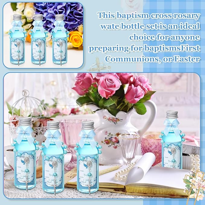 FillTouch 12 Sets Catholic Holy Water Bottle Baptism Rosary Set Baptism Favors 1.7oz Christian Water Container Empty Glass Holy Water Bottle for Easter Party Church Wedding Table Newborn (Blue)