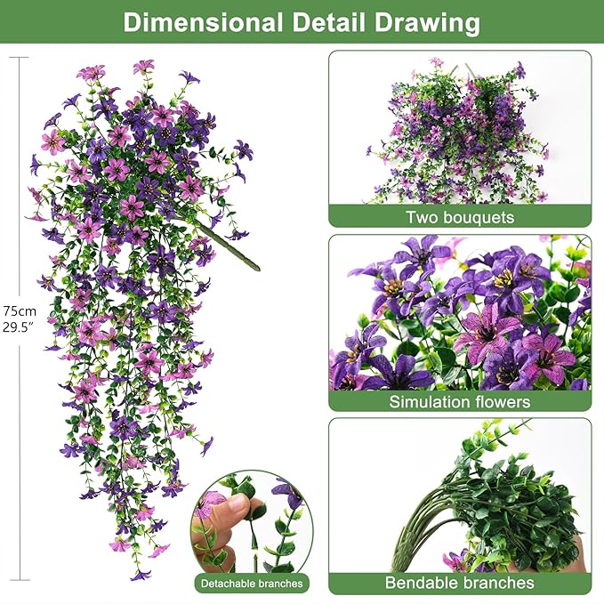 Artificial Fake Hanging Flowers Plants for Outdoor Spring Summer Decoration,2 PCS Faux Silk Daisy with Eucalyptus Leaves,UV Resistant Look Real for Outside Home Planter Porch Patio Balcony Yard Decor