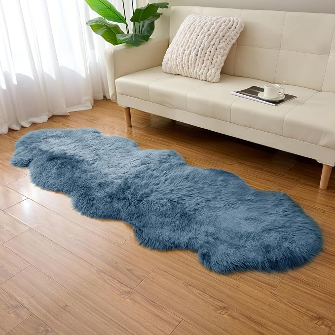 Premium Genuine Sheepskin Area Ruge - Real Wool Fur Shaggy Carpet | Fluffy Soft Natural Lambskin Rug Seat Chair Covers for Couch Sofa Bedroom Living Room(Dusty Blue,2×6 Feet Sheepskin)