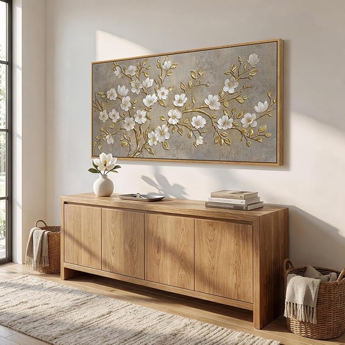 Large Framed Neutral Floral Wall Art for Living Room, Rustic Elegant Magnolia Botanical Canvas Prints Paintings, White Flower with Gold Branches Pictures for Dining Room Office Wall Decor, 60x30 Inch