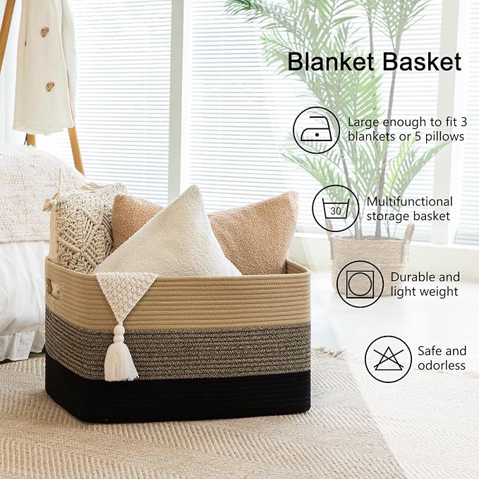 OIAHOMY Large Blanket Basket, 22”x17”x12” Rectangle Woven Baskets, Nursery Blanket Storage Living Room, Toy Storage With Handle, Large Baskets for Organizing-Yellow Black