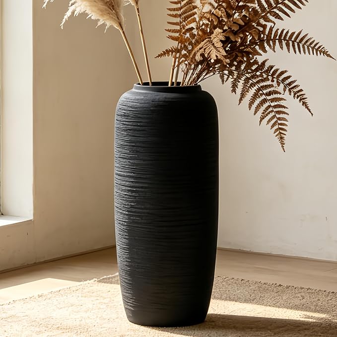 Black Rustic Ceramic Farmhouse Tall Floor Vase,15.7 Inch Vintage Large Vases Pottery Clay Terracotta Rustic Vase for Home Decor Living Room Entryway Table Centerpieces,Kitchen,Housewarming Gifts