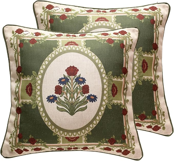 ISAENNE Elegant French Linen Throw Pillow Cover,Set of 2,18"x18"-Estonia B | Designer Vintage Square Pillow Cover,Concealed Zipper Design,Floral Pattern,Sofas,Bedroom,Living Room,Lounge Chairs