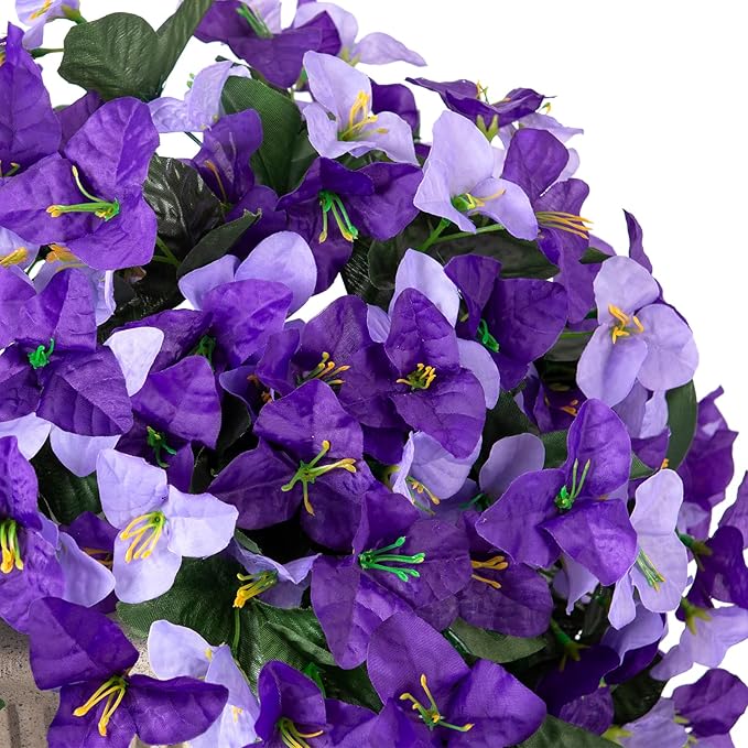 INXUGAO 2 pcs Artificial Faux Bougainvillea Flowers Plants for Outdoor Outside Summer Decoration, Fake Silk UV Resistant Long Trailing Vines for Front Door Porch Planter Balcony (Purple Dark Purple)