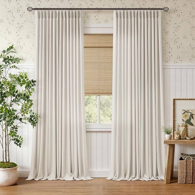 108 Inch Pinch Pleated Linen Curtains for Living Room Bedroom 2 Panels Set, Memory Trained Thick Linen High Ceiling Curtains Light Filtering Semi Sheer Luxury Natural Cream Drapes 108 Inches Long