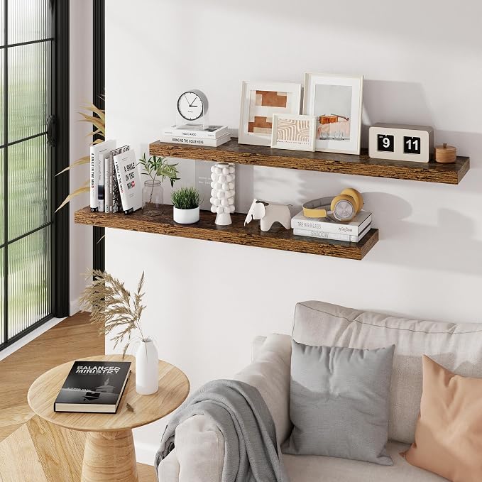 Floating Shelves for Wall, 48 inch Extra Long Floating Shelves, 9.3in Deep Wall Mounted Floating Shelf, Rustic Wall Shelves for Living Room, Bathroom, Kitchen, Office, Floating TV Stand, 2 Packs