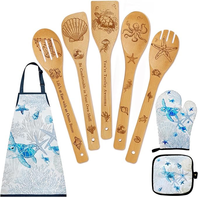 8 PCS Ocean Bamboo Kitchen Cooking Utensil Spoon Set with Apron Oven Mitt Potholder,Gift for Women Coastal Decor Beach Theme Kitchen Decorations,Sea Turtle Lovers,Housewarming,Birthday,Easter