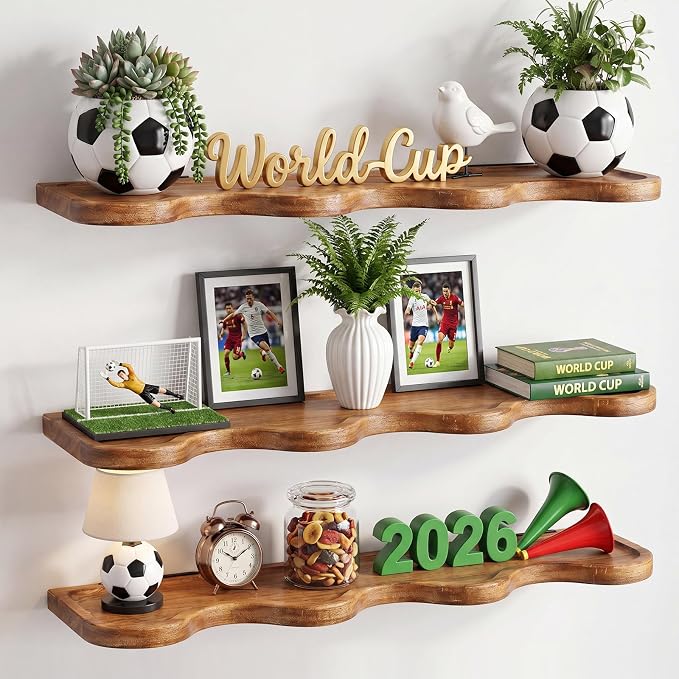 Novabright 3 Pcs Walnut Floating Shelves for Wall Solid Wood Scalloped Shelves Rustic Wall Mounted Storage Rack Display Hanging Shelf Farmhouse Decor for Living Room Bedroom Kitchen