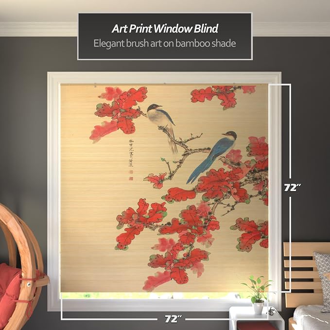 Red Lantern Bamboo Window Shade Blind - Roosting Bird 72" Wide