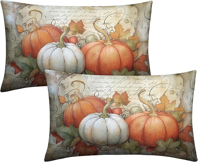Fall Outdoor Lumbar Pillow Covers 12x20 Watercolor White Orange Pumpkin with Maple Leaves Rectangle Pillow Case Set of 2 Autumn Waist Cushion Case for Couch Patio Bench