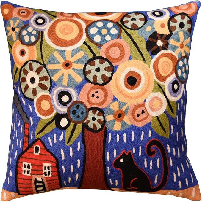 Blue Tree of Life Throw Pillow Cover | Karla Gerard Floral Pillows | Blue Flower Pillows | Floral Chair Cushion | Flower Couch Pillow | Hand Embroidered Cushions Wool Size - 18x18