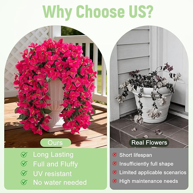 Fake Bougainvillea Artificial Flowers for Outdoors Decoration 2 pcs Faux Hanging Flowers Plants for Outdoor Planters UV Resistant Silk Bougainvillea Vines for Front Door Porch Urn Patio Garden