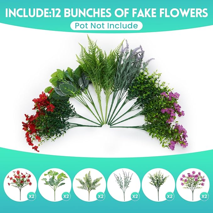 Hrobek Fake Artificial Flowers for Outdoors Faux Plants Outside Indoor,Realistic UV Resistant Silk Flower for Home Patio Garden Back Yard Front Porch Decor Spring Summer(12 Bunches)