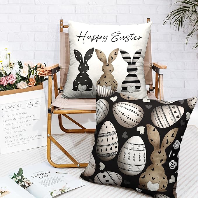 Happy Easter Throw Pillow Covers Striped Polka Dot Brown Bunny Pillow Covers 16x16 Black White Easter Eggs Pillow Cases Spring Rabbit Farmhouse Cushion Case for Home Sofa 2 Pack