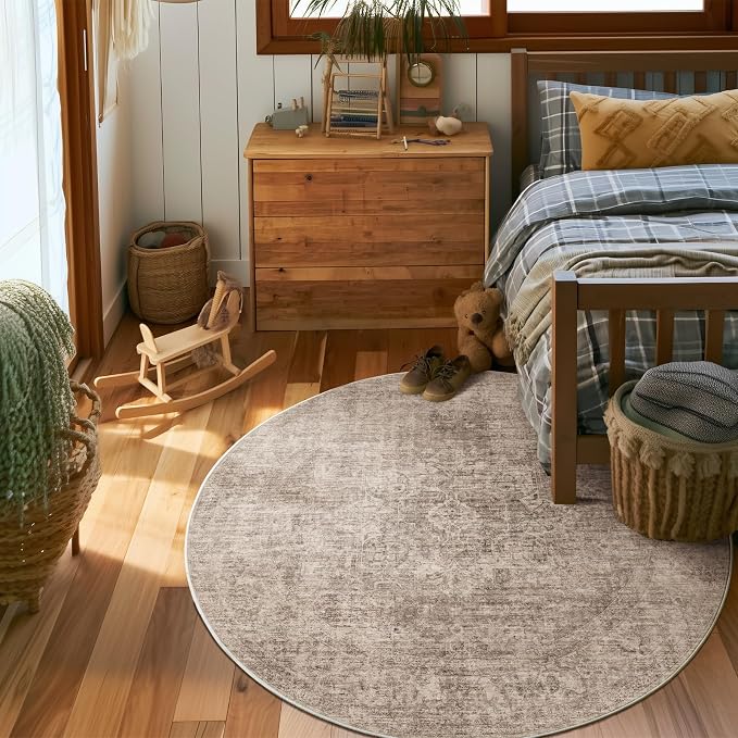 Machine Washable Rugs for Living Room: 4x4 Area Rugs for Bedroom Ultra Soft Non-Slip Low Pile Vintage Distress Boho Large Carpet for High-Traffic Dining Room - Farmhouse Decor