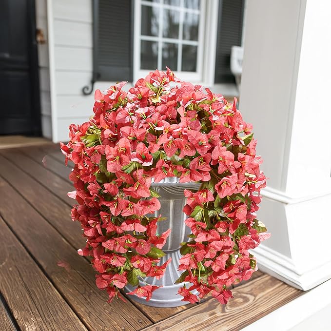 HyeFlora Bougainvillea Artificial Hanging Flowers Plants for Outdoors Decoration, 2pcs Faux Bougainvillea Vines Red Fake Flowers Realistic UV Resistant Silk Flowers for Outside Planter Yard Urn Patio