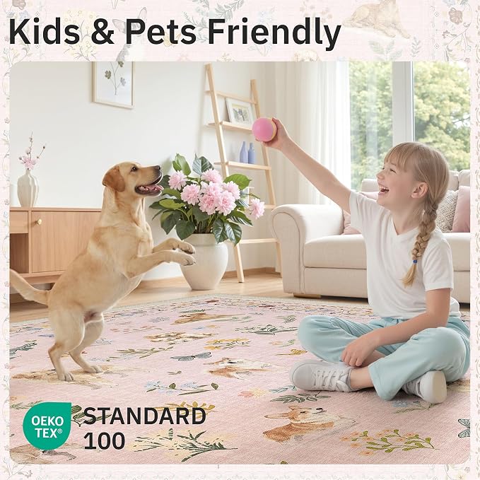 Soalmost Dog 5x7 Area Rugs for Living Room, Machine Washable Animal Floral Vintage Rug Non-Slip Low Pile Soft Throw Rugs for Kitchen Dining Room Bedroom Nursery Playroom (5 x 7,Pink)