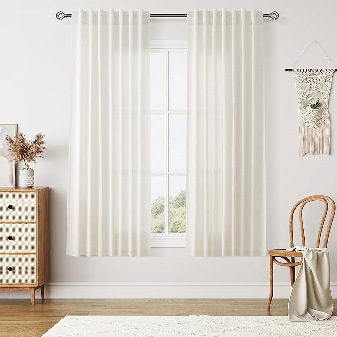 Nanspring Linen Curtains 63 Inches Long Short Curtain 2 Panels for Living Room Semi Sheer Back Tab Rod Pocket Light Filtering Privacy Soft Lightweight Drapes for Bedroom Natural Cream W50 x L63