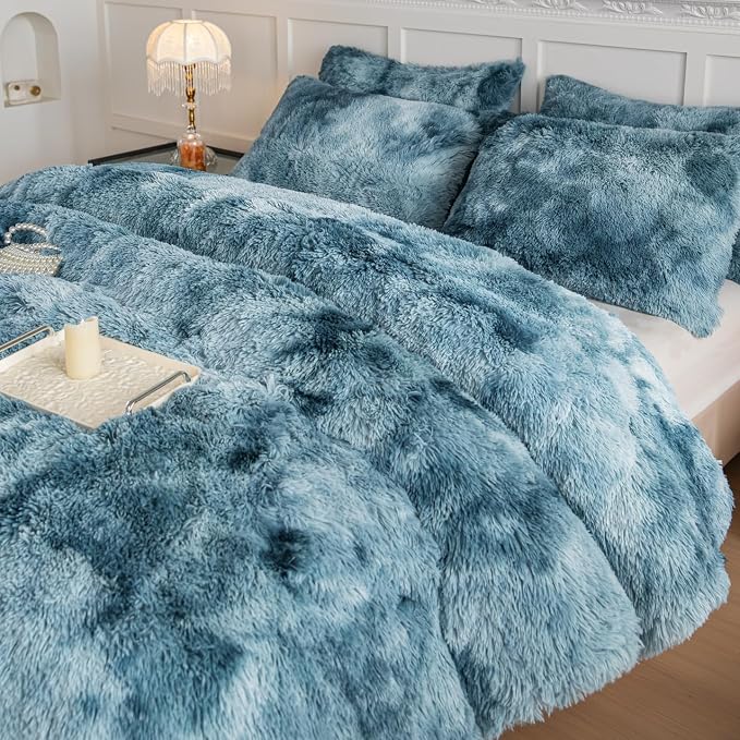 chovy Faux Fur Tie-Dyed Blue White Colorful Comforter Sets Queen - 3PC Bed Set Ultra Soft Plush Flannel Velvet Fluffy Fuzzy Bedding（Comforter x 1 Pillowcases x 2）