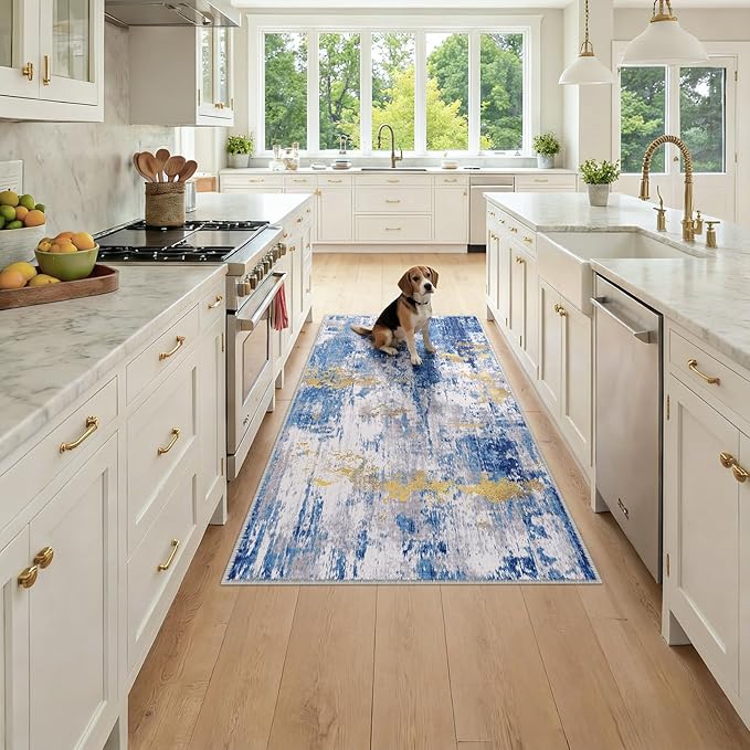 RELEANY Washable Area Rugs 3x6 Non-Slip Modern Abstract Soft for Living Room Entryway Bedroom Nursery, Print Pattern, Grey Blue Gold/Golden