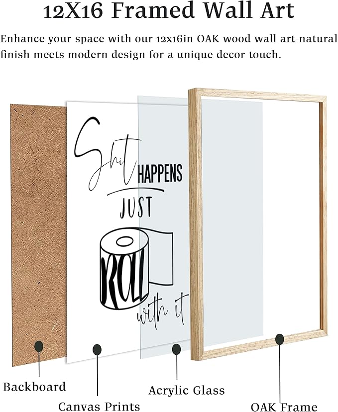 UPWOIGH Funny Toilet Paper Oak Framed Canvas Wall Art, 12x16in Black and White Bathroom Humor Print, Modern Minimalist Poster Wall Decor for Restroom or Washroom, 1Pack Gift Idea